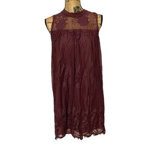 Wine Lace Floral Sleeveless Tunic Mini Dress L